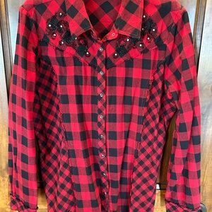 Reba Red and Black Buffalo Plaid Button-Down Shirt with Beaded Yoke